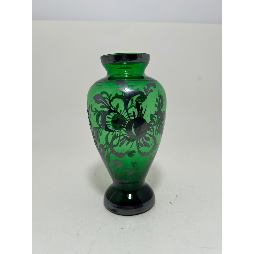 Vintage Emerald Green Glass Vase Silver Overlay Floral Art Deco Bud Vase